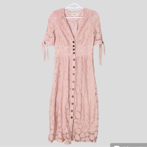 Lace Button-Front Midi Dress, Light Pink, Size Small - Picture 2 of 12